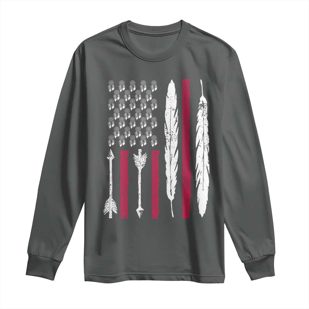 Vintage Native American Flag Long Sleeve Shirt Dreamcatcher And Feather Graphic TS12 Dark Heather Print Your Wear