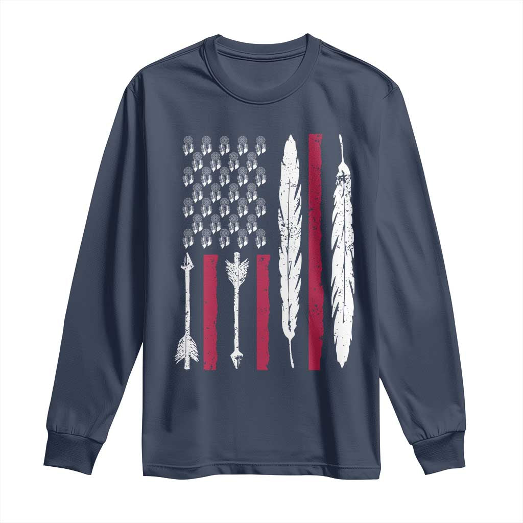 Vintage Native American Flag Long Sleeve Shirt Dreamcatcher And Feather Graphic TS12 Navy Print Your Wear