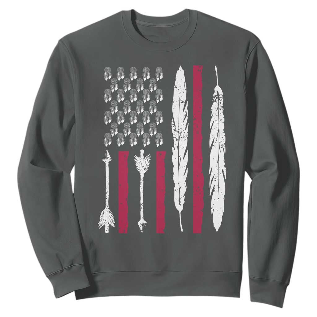Vintage Native American Flag Sweatshirt Dreamcatcher And Feather Graphic TS12 Dark Heather Print Your Wear