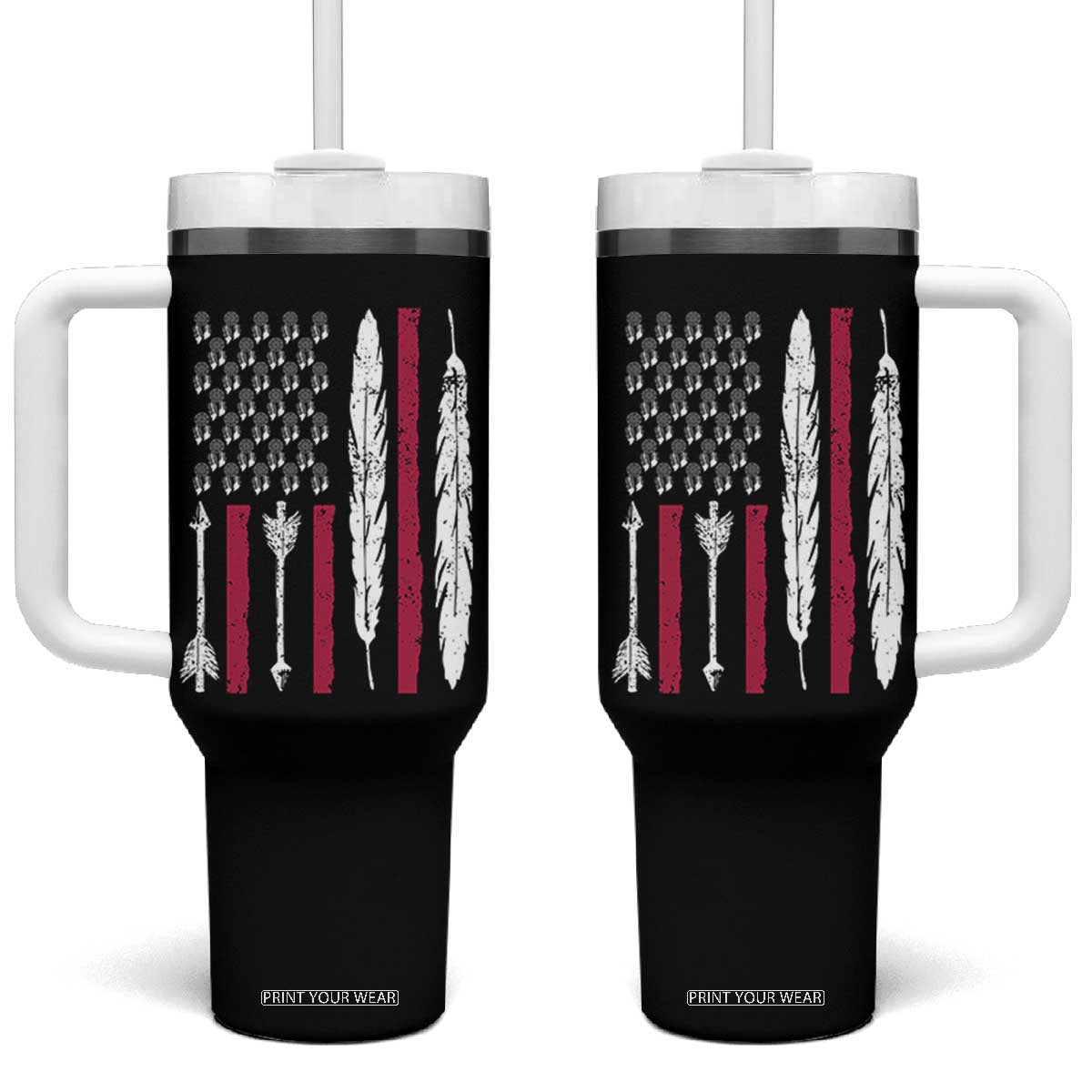 Vintage Native American Flag Tumbler With Handle Dreamcatcher And Feather Graphic TS12 One Size: 40 oz Black Print Your Wear