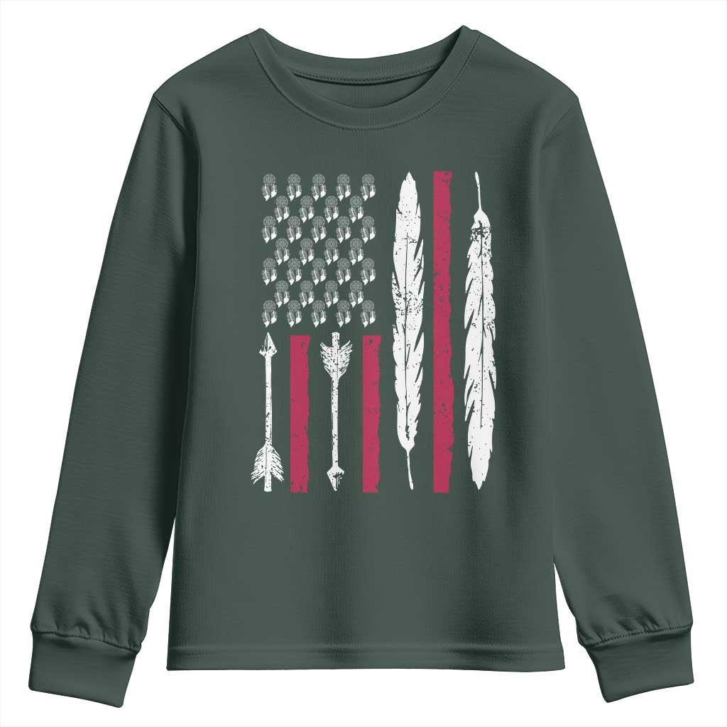 Vintage Native American Flag Youth Sweatshirt Dreamcatcher And Feather Graphic TS12 Dark Forest Green Print Your Wear