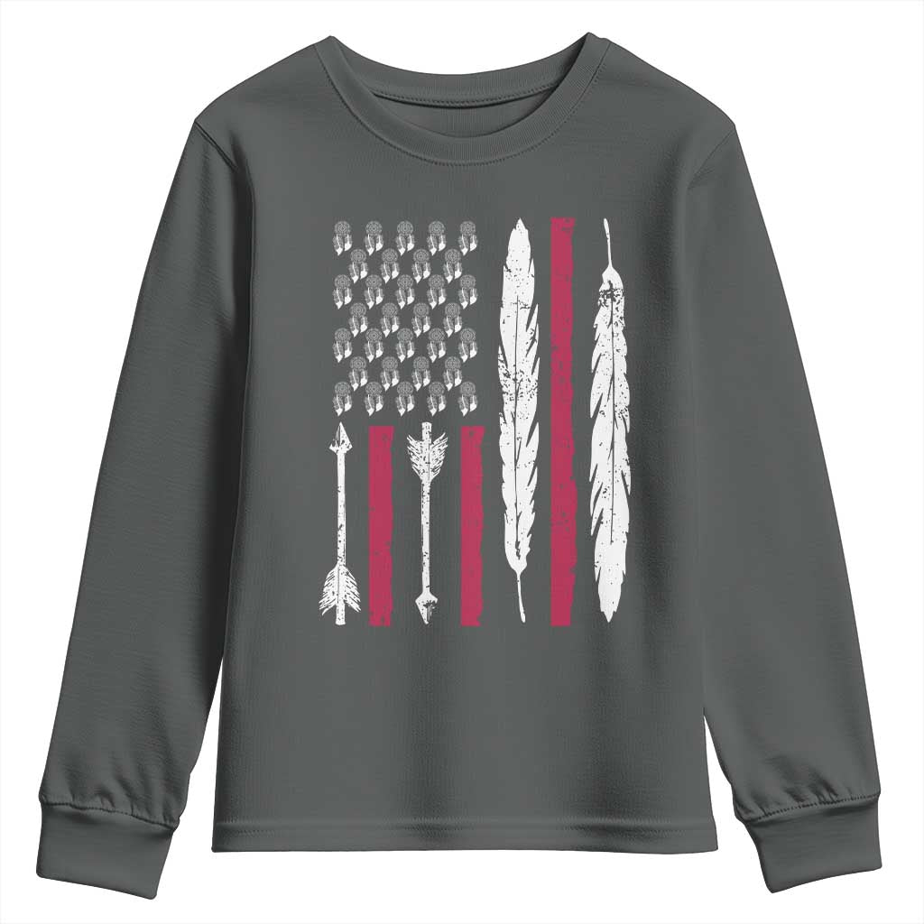 Vintage Native American Flag Youth Sweatshirt Dreamcatcher And Feather Graphic TS12 Dark Heather Print Your Wear