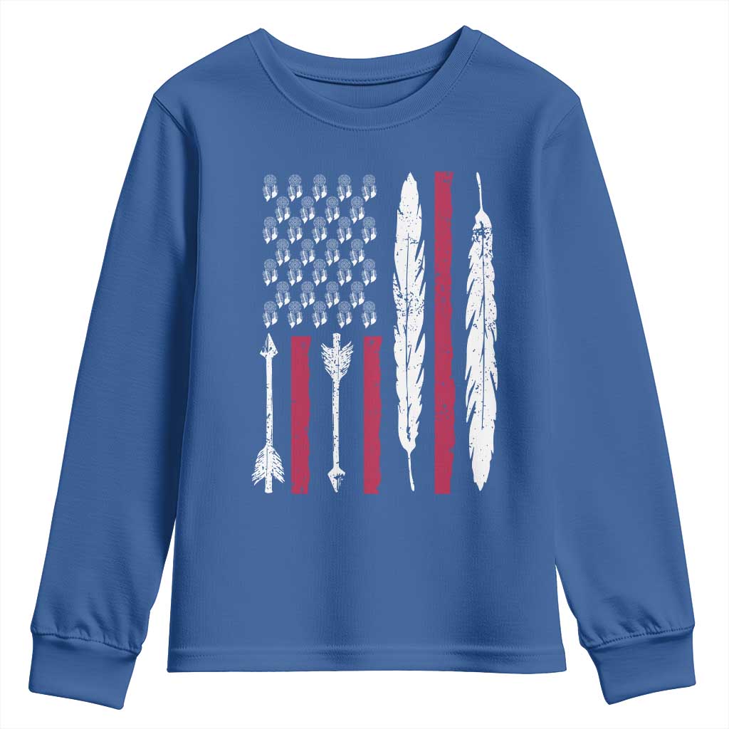 Vintage Native American Flag Youth Sweatshirt Dreamcatcher And Feather Graphic TS12 Royal Blue Print Your Wear