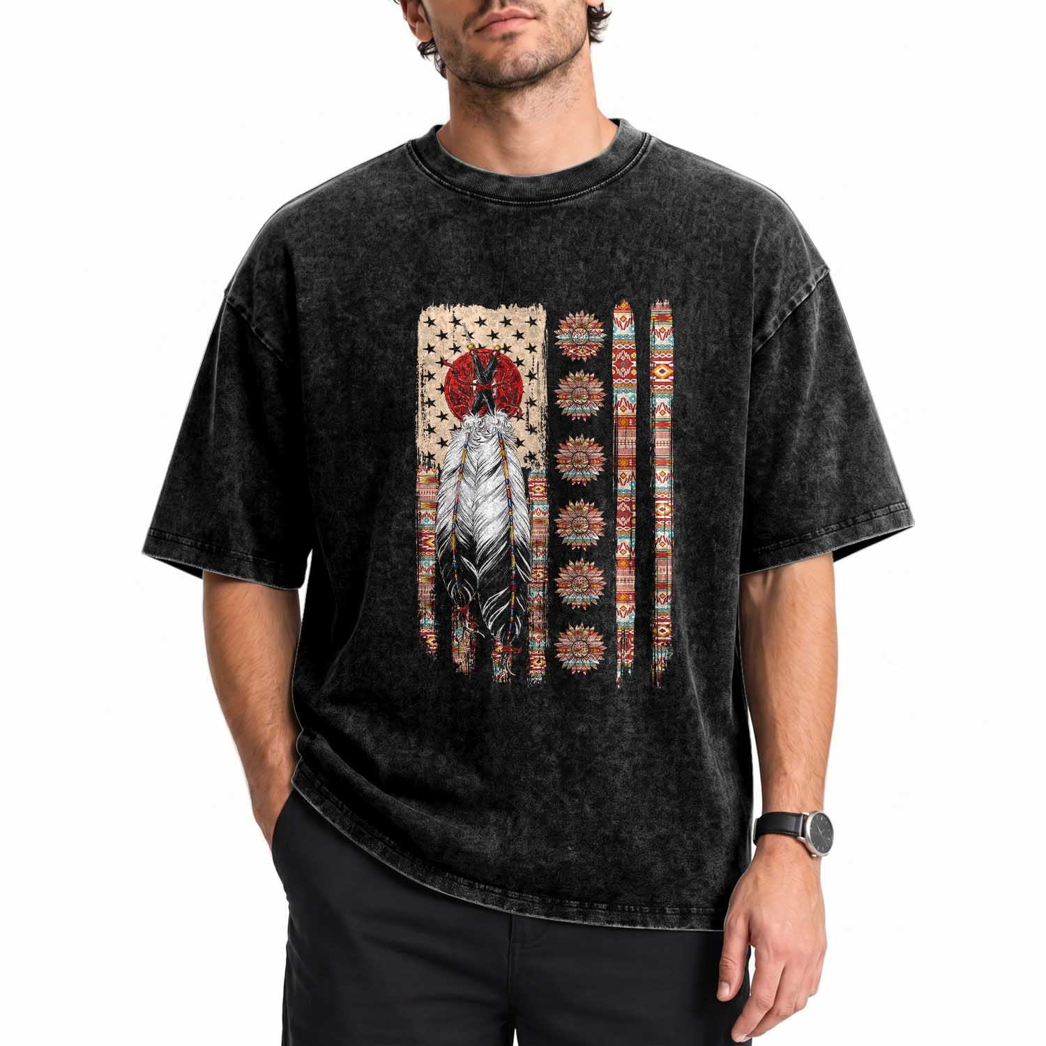 Proud Native American Flag Washed Cotton T-Shirt Tribal Sunflower Indigenous Peoples Day Gift