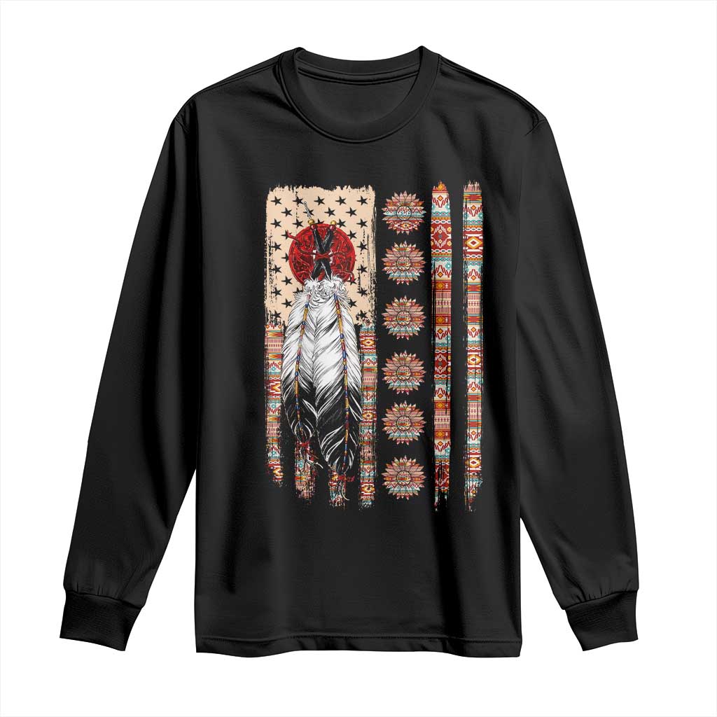 Proud Native American Flag Long Sleeve Shirt Tribal Sunflower Indigenous Peoples Day Gift TS12 Black Print Your Wear