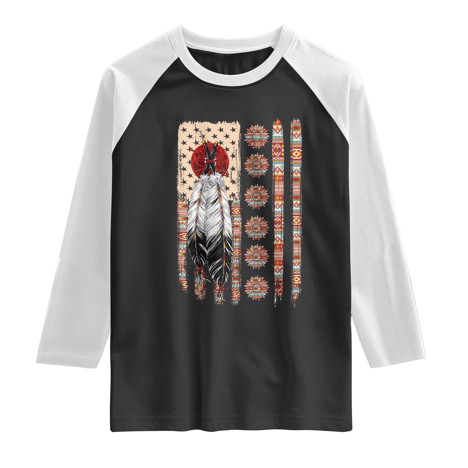 Proud Native American Flag Raglan Shirt Tribal Sunflower Indigenous Peoples Day Gift TS12 Black White Print Your Wear