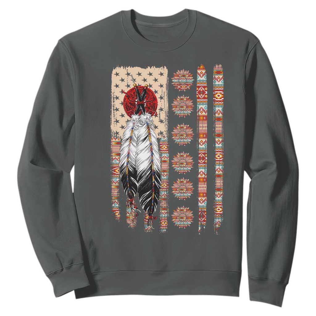 Proud Native American Flag Sweatshirt Tribal Sunflower Indigenous Peoples Day Gift TS12 Dark Heather Print Your Wear