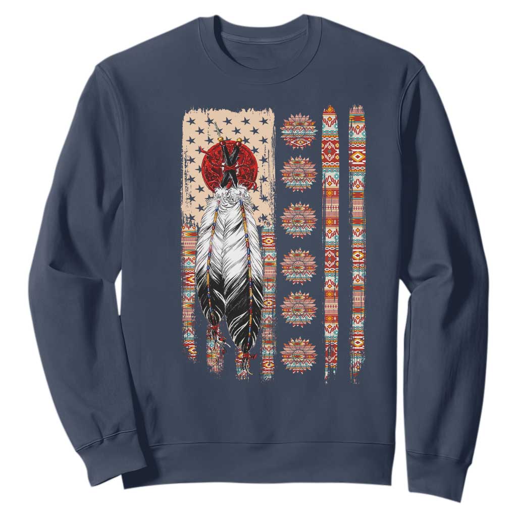 Proud Native American Flag Sweatshirt Tribal Sunflower Indigenous Peoples Day Gift TS12 Navy Print Your Wear