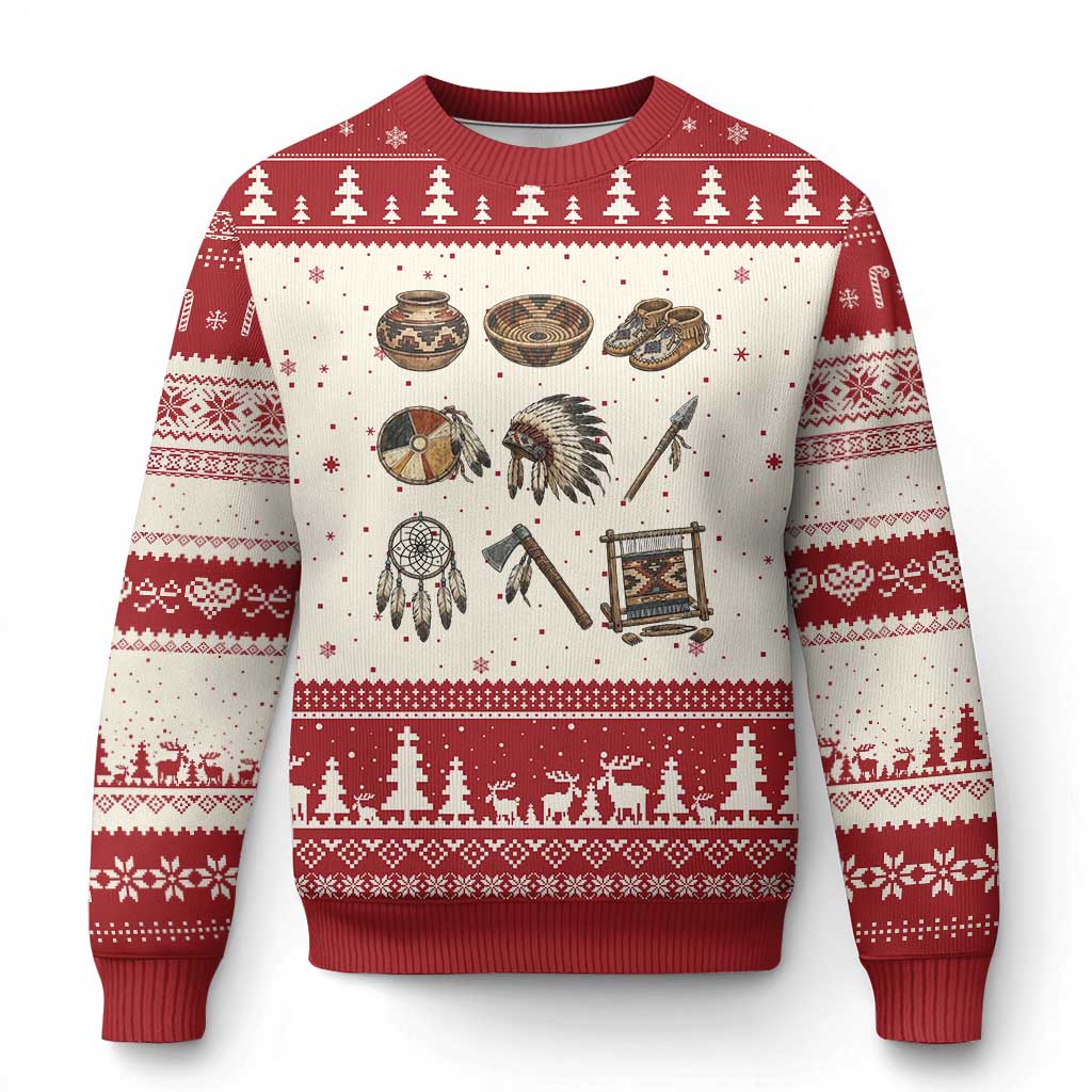 Indigenous Cultural Artifacts Ugly Christmas Sweater Native American Heritage Graphic TS12 Beige Red Print Your Wear