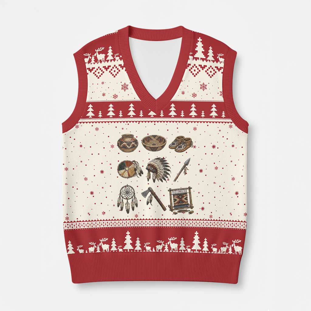Indigenous Cultural Artifacts V-Neck Knit Sweater Vest Native American Heritage Graphic TS12 Beige Red Print Your Wear