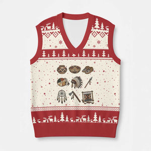 Indigenous Cultural Artifacts V-Neck Knit Sweater Vest Native American Heritage Graphic TS12 Beige Red Print Your Wear