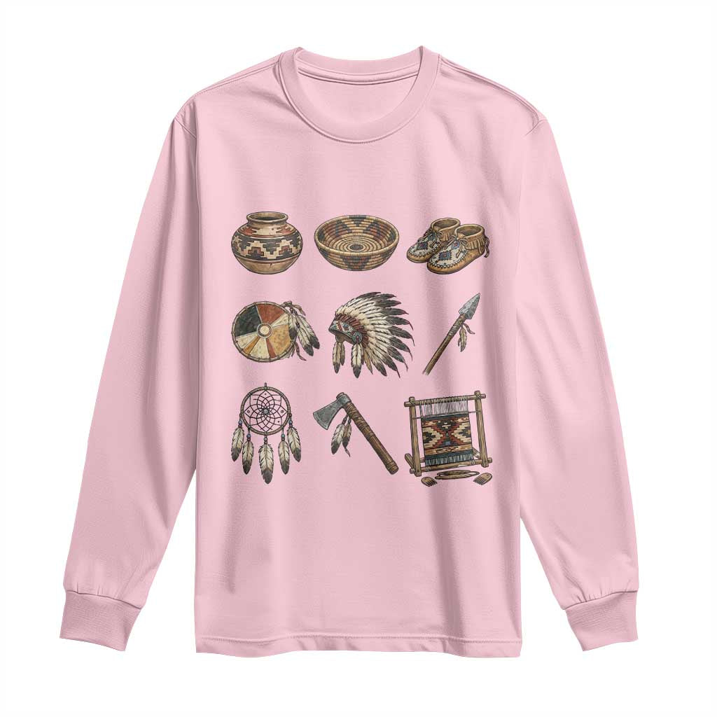 Indigenous Cultural Artifacts Long Sleeve Shirt Native American Heritage Graphic TS12 Light Pink Print Your Wear