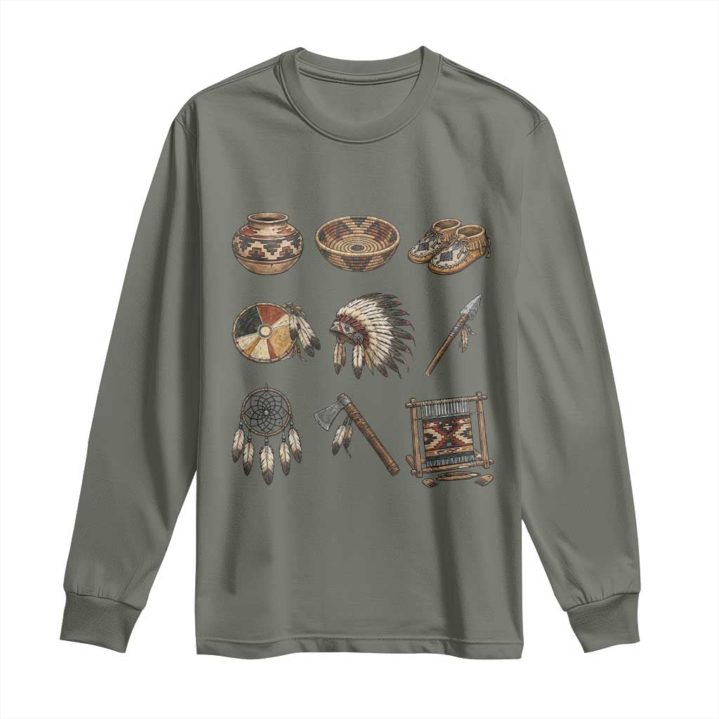 Indigenous Cultural Artifacts Long Sleeve Shirt Native American Heritage Graphic TS12 Military Green Print Your Wear