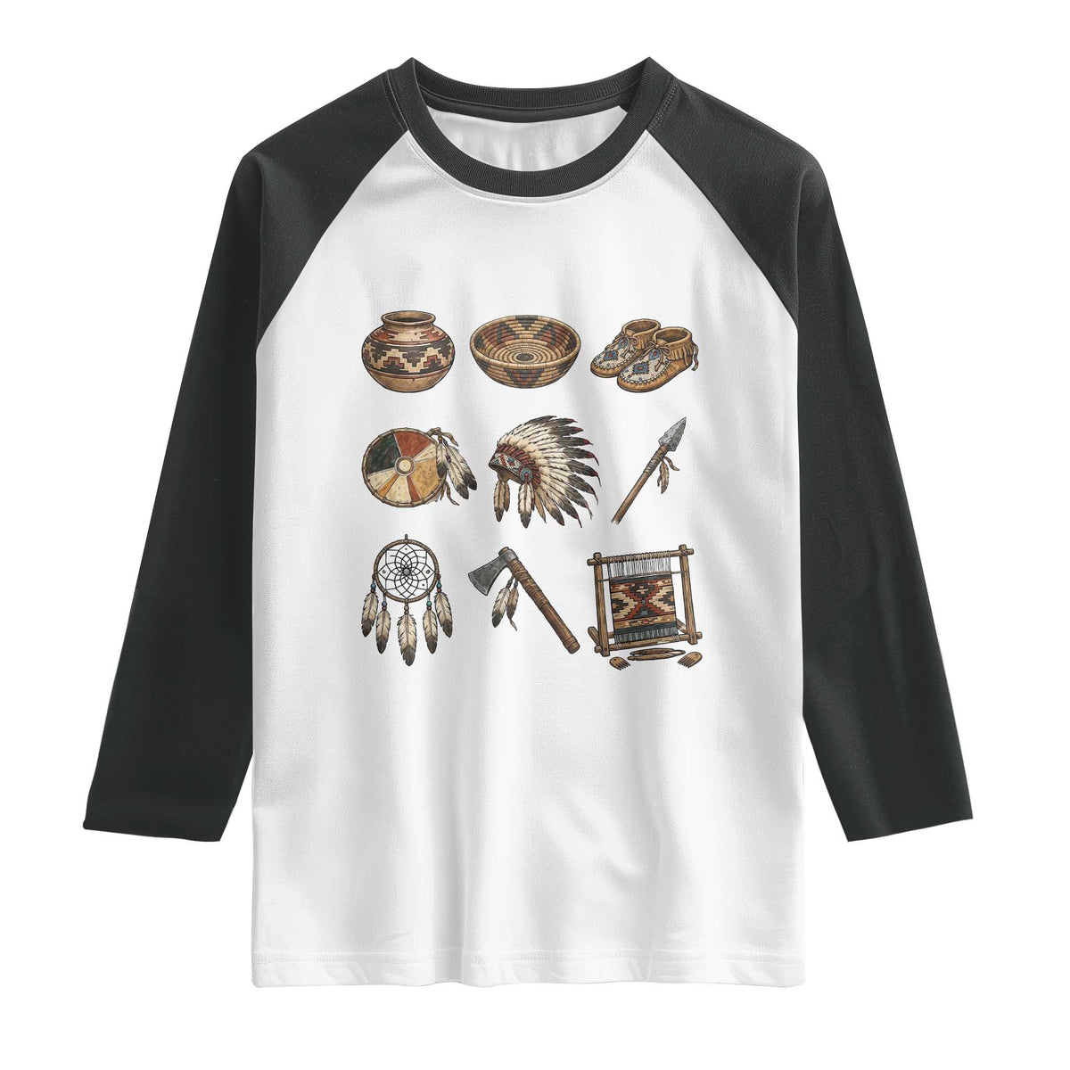 Indigenous Cultural Artifacts Raglan Shirt Native American Heritage Graphic TS12 White Black Print Your Wear