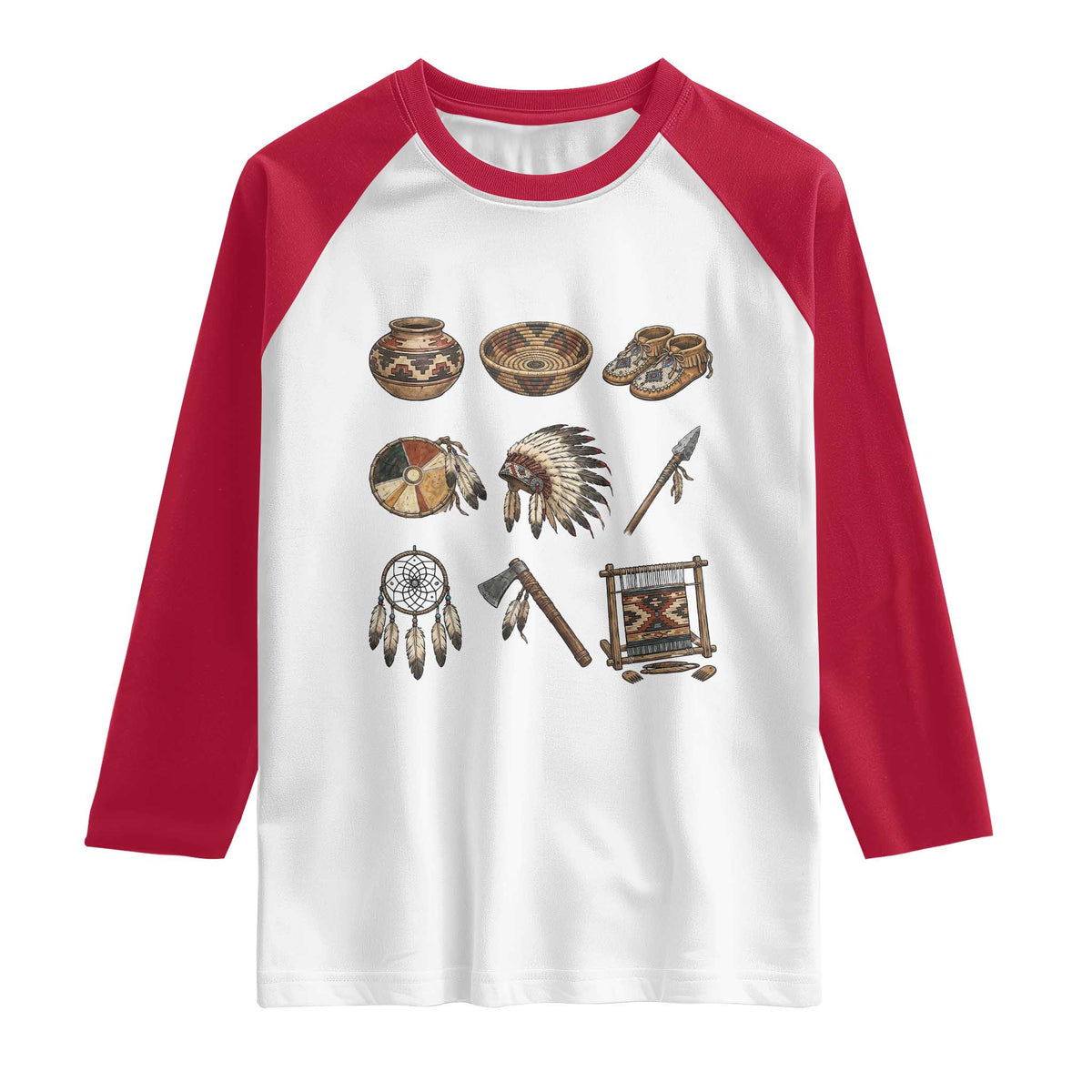 Indigenous Cultural Artifacts Raglan Shirt Native American Heritage Graphic TS12 White Red Print Your Wear