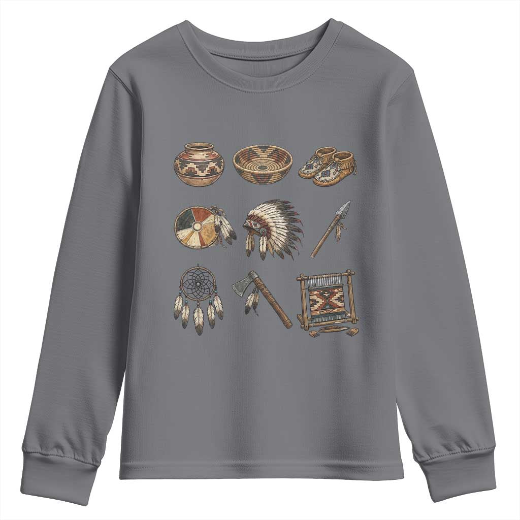 Indigenous Cultural Artifacts Youth Sweatshirt Native American Heritage Graphic TS12 Charcoal Print Your Wear