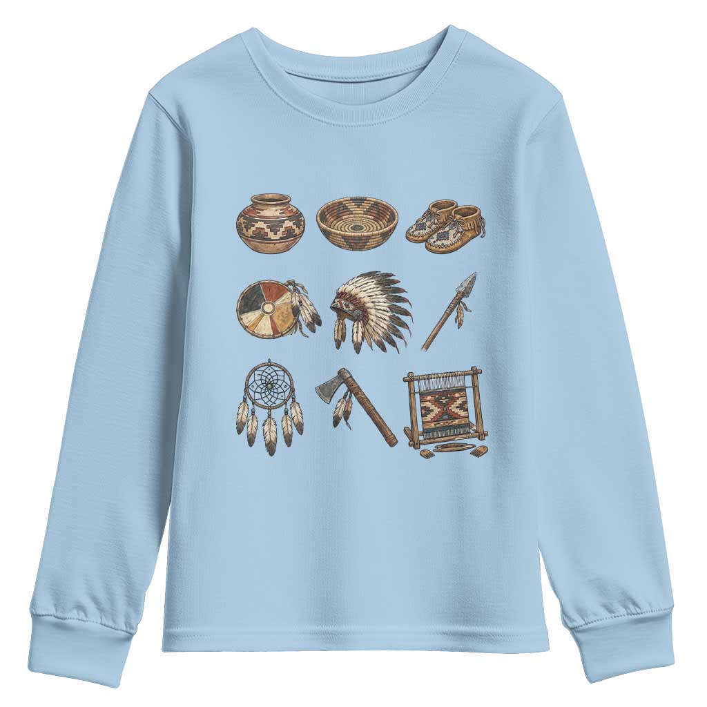 Indigenous Cultural Artifacts Youth Sweatshirt Native American Heritage Graphic TS12 Light Blue Print Your Wear