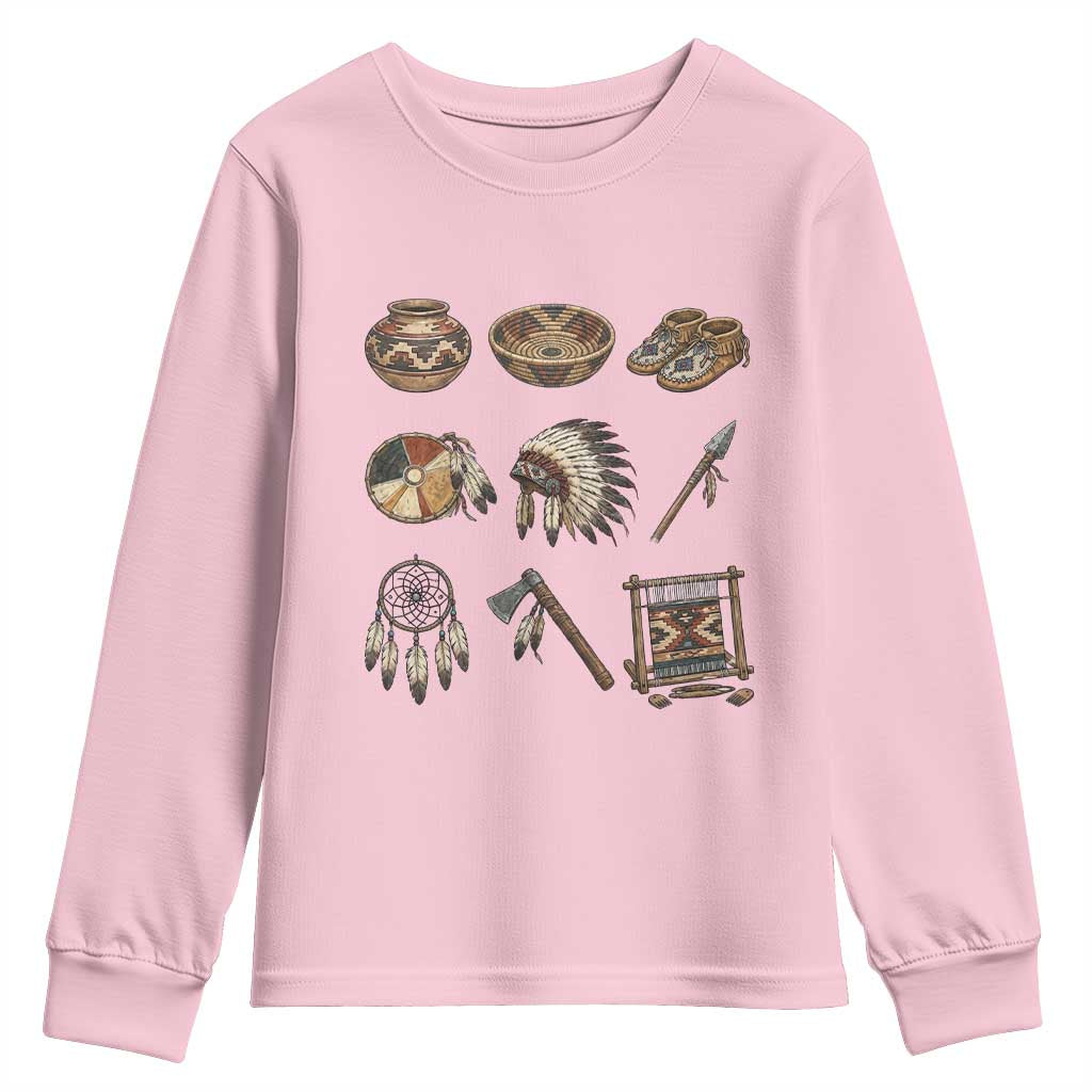 Indigenous Cultural Artifacts Youth Sweatshirt Native American Heritage Graphic TS12 Light Pink Print Your Wear