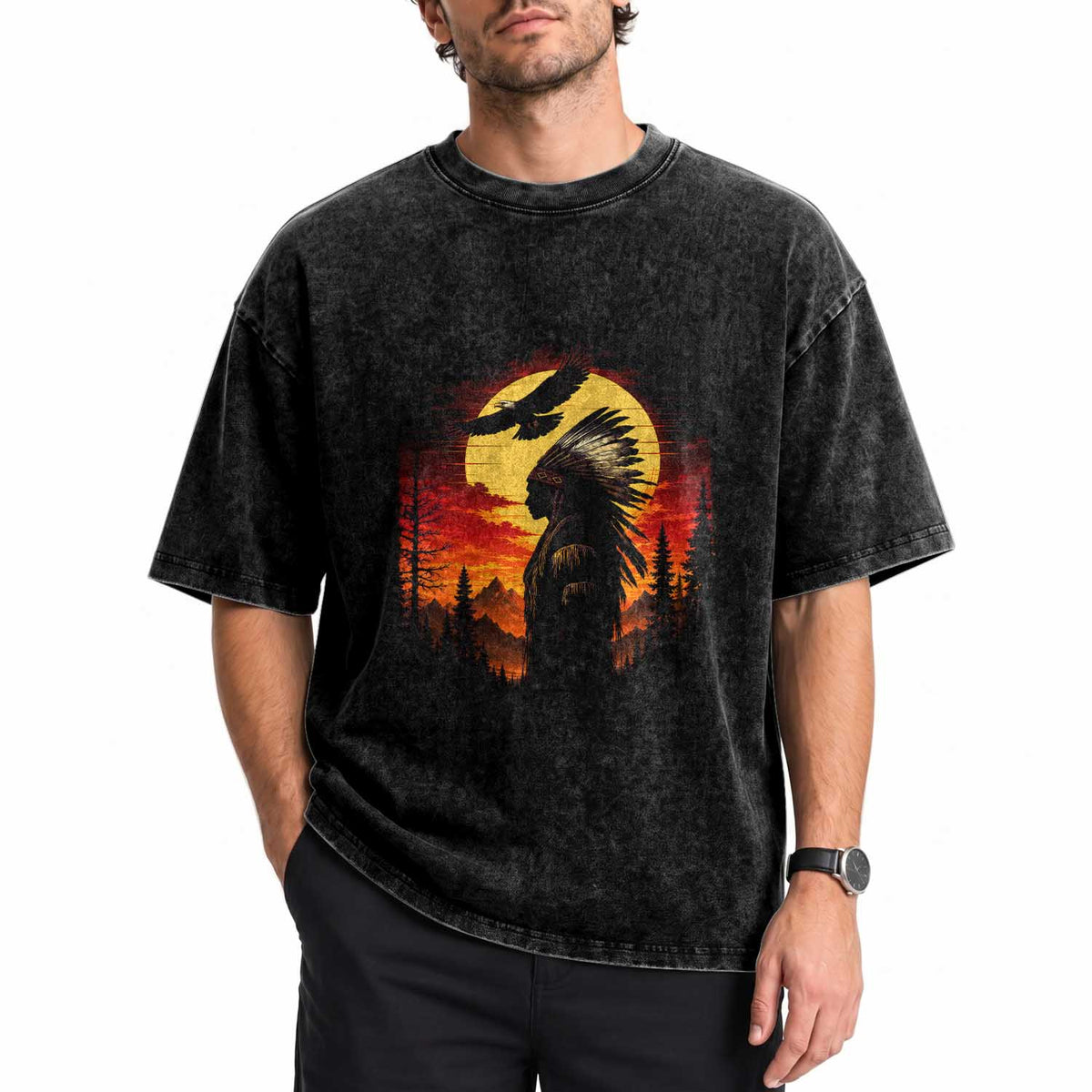 Vintage Native American Warrior Washed Cotton T-Shirt Indigenous Heritage Pride
