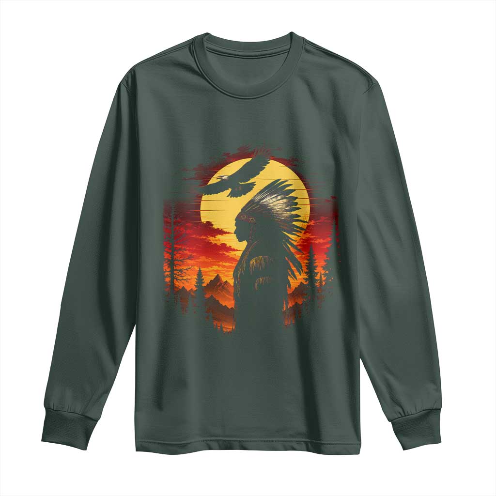 Vintage Native American Warrior Long Sleeve Shirt Indigenous Heritage Pride TS12 Dark Forest Green Print Your Wear