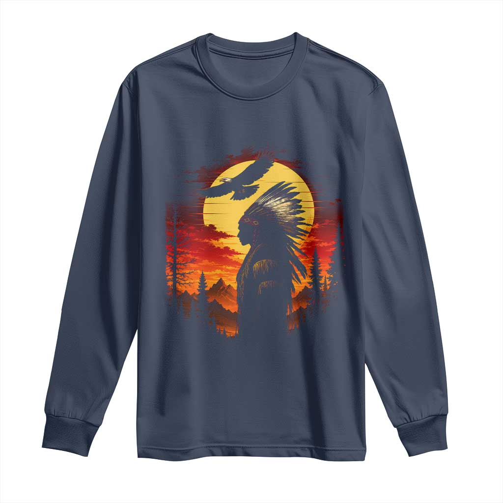 Vintage Native American Warrior Long Sleeve Shirt Indigenous Heritage Pride TS12 Navy Print Your Wear
