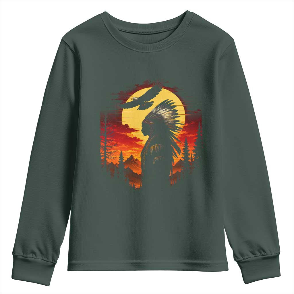 Vintage Native American Warrior Youth Sweatshirt Indigenous Heritage Pride TS12 Dark Forest Green Print Your Wear
