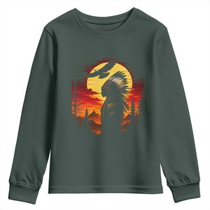 Vintage Native American Warrior Youth Sweatshirt Indigenous Heritage Pride TS12 Dark Forest Green Print Your Wear