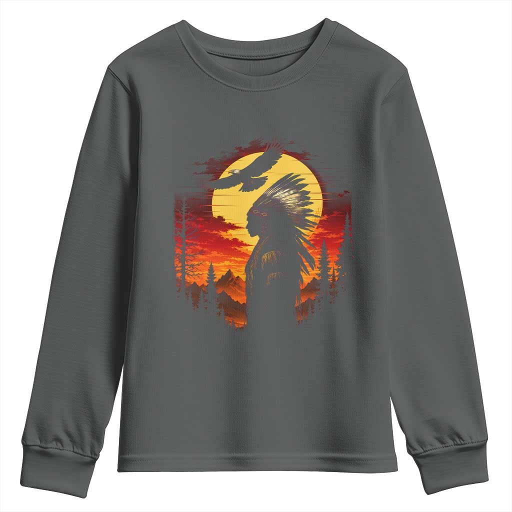 Vintage Native American Warrior Youth Sweatshirt Indigenous Heritage Pride TS12 Dark Heather Print Your Wear
