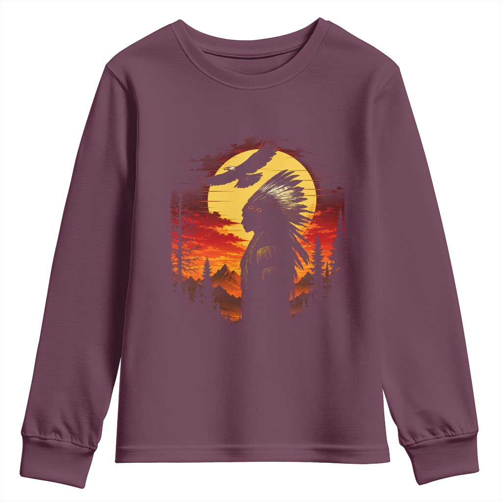 Vintage Native American Warrior Youth Sweatshirt Indigenous Heritage Pride TS12 Maroon Print Your Wear