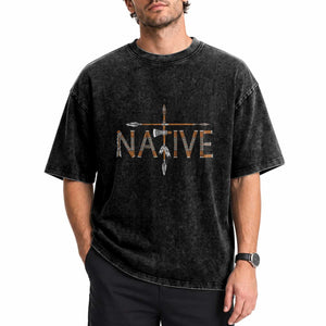 Western Style Tribal Feather Washed Cotton T-Shirt Vintage Boho Graphic