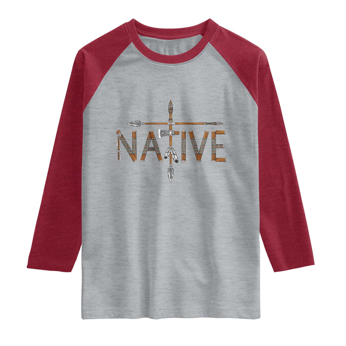 Western Style Tribal Feather Raglan Shirt Vintage Boho Graphic TS12 Heather Gray Heather Red Print Your Wear