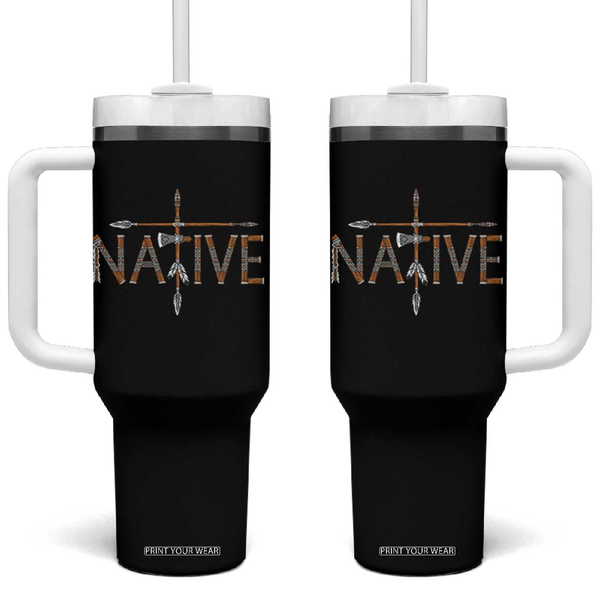 Western Style Tribal Feather Tumbler With Handle Vintage Boho Graphic TS12 One Size: 40 oz Black Print Your Wear