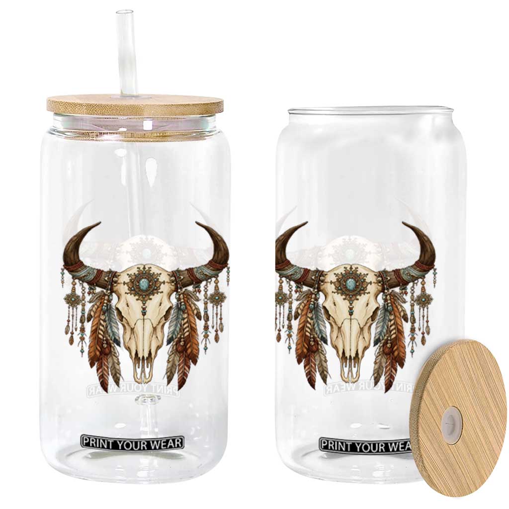 Vintage Southwestern Cow Skull Glass Can Boho Feather Western Graphic TS12 Print Your Wear