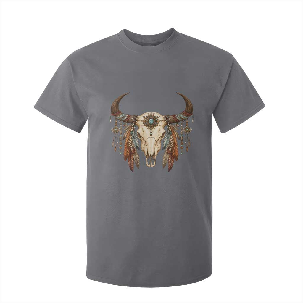 Vintage Southwestern Cow Skull T Shirt For Kid Boho Feather Western Graphic TS12 Charcoal Print Your Wear