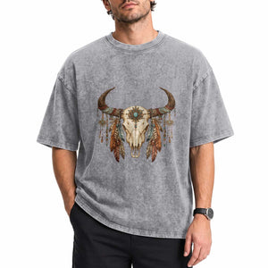 Vintage Southwestern Cow Skull Washed Cotton T-Shirt Boho Feather Western Graphic