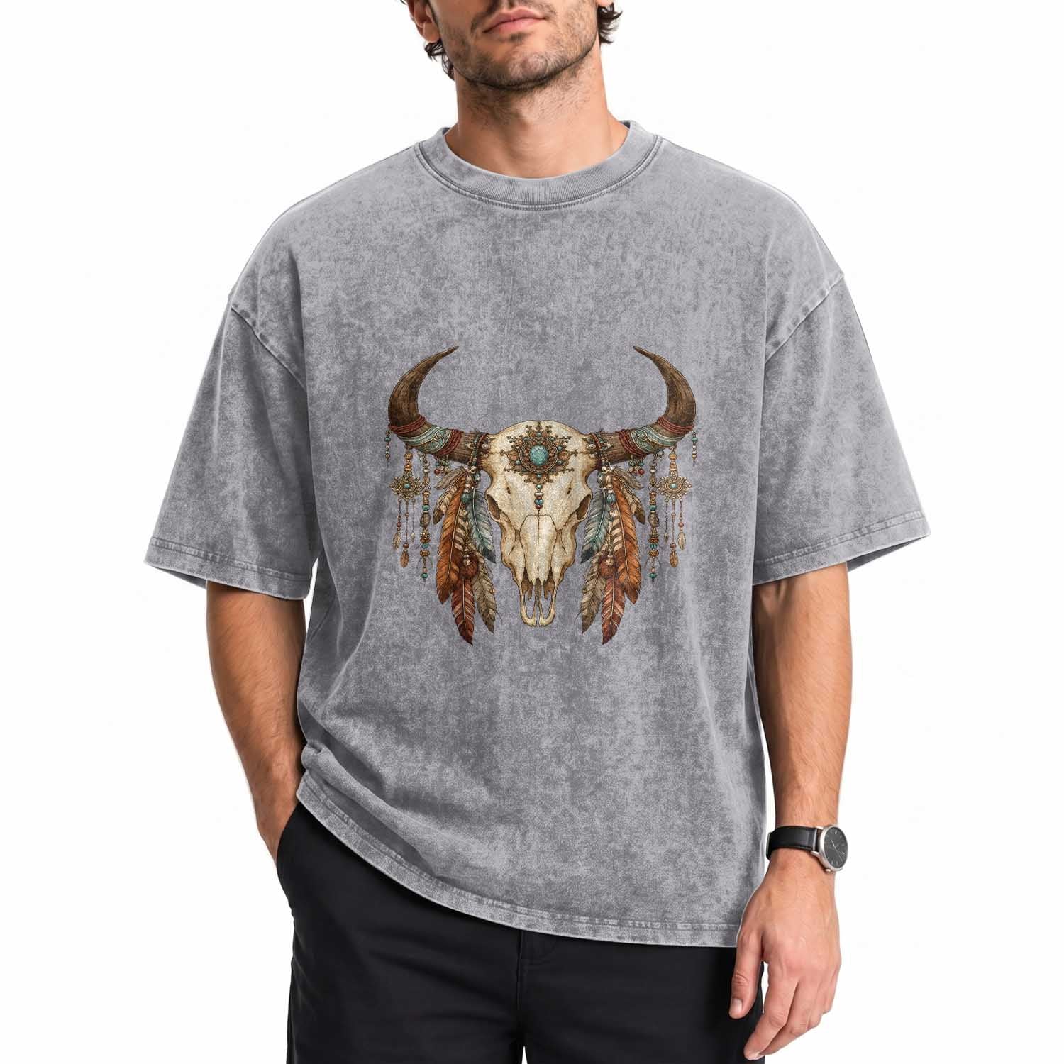 Vintage Southwestern Cow Skull Washed Cotton T-Shirt Boho Feather Western Graphic