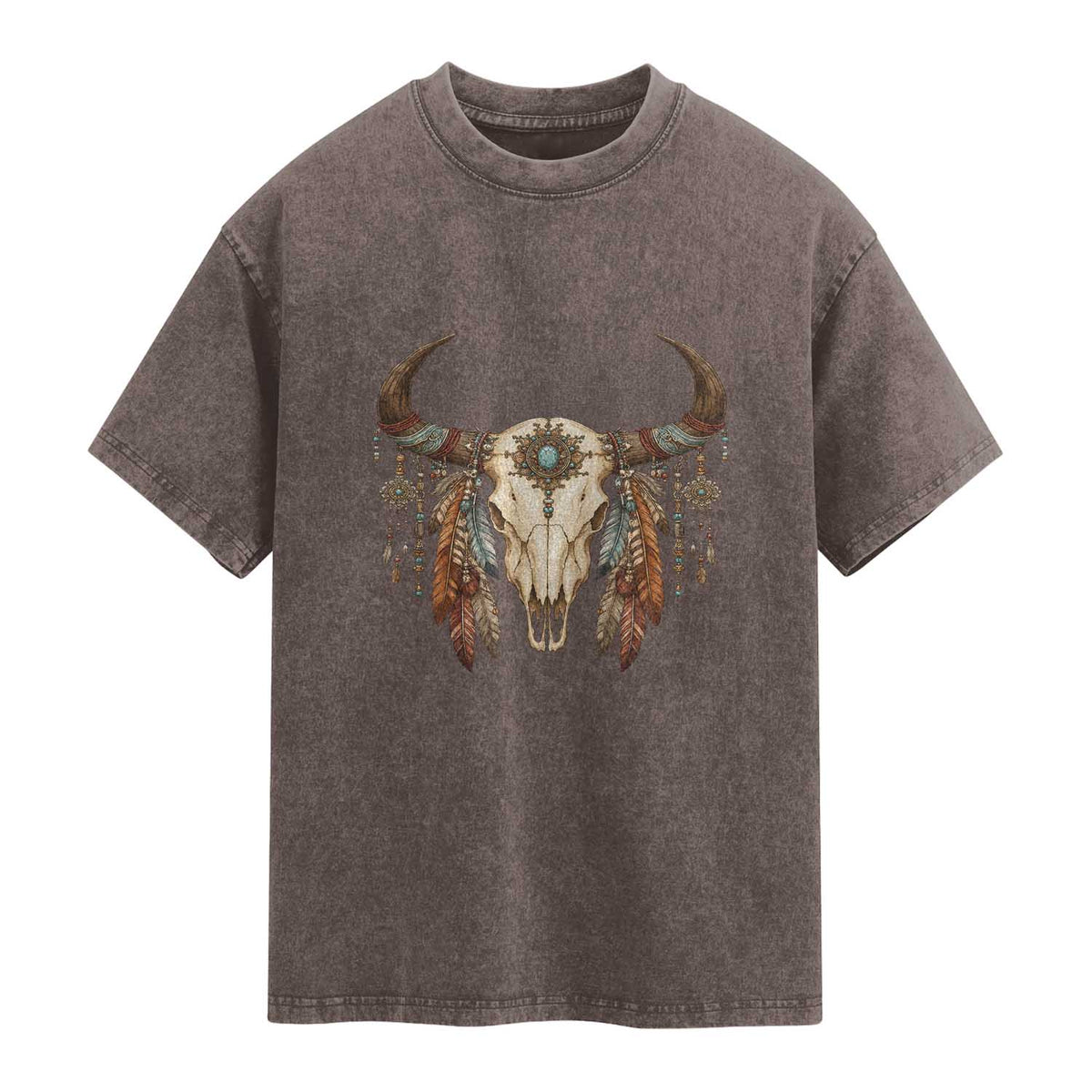 Vintage Southwestern Cow Skull Washed Cotton T-Shirt Boho Feather Western Graphic