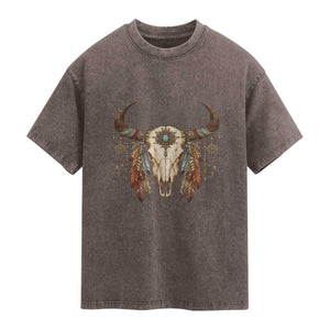 Vintage Southwestern Cow Skull Washed Cotton T-Shirt Boho Feather Western Graphic
