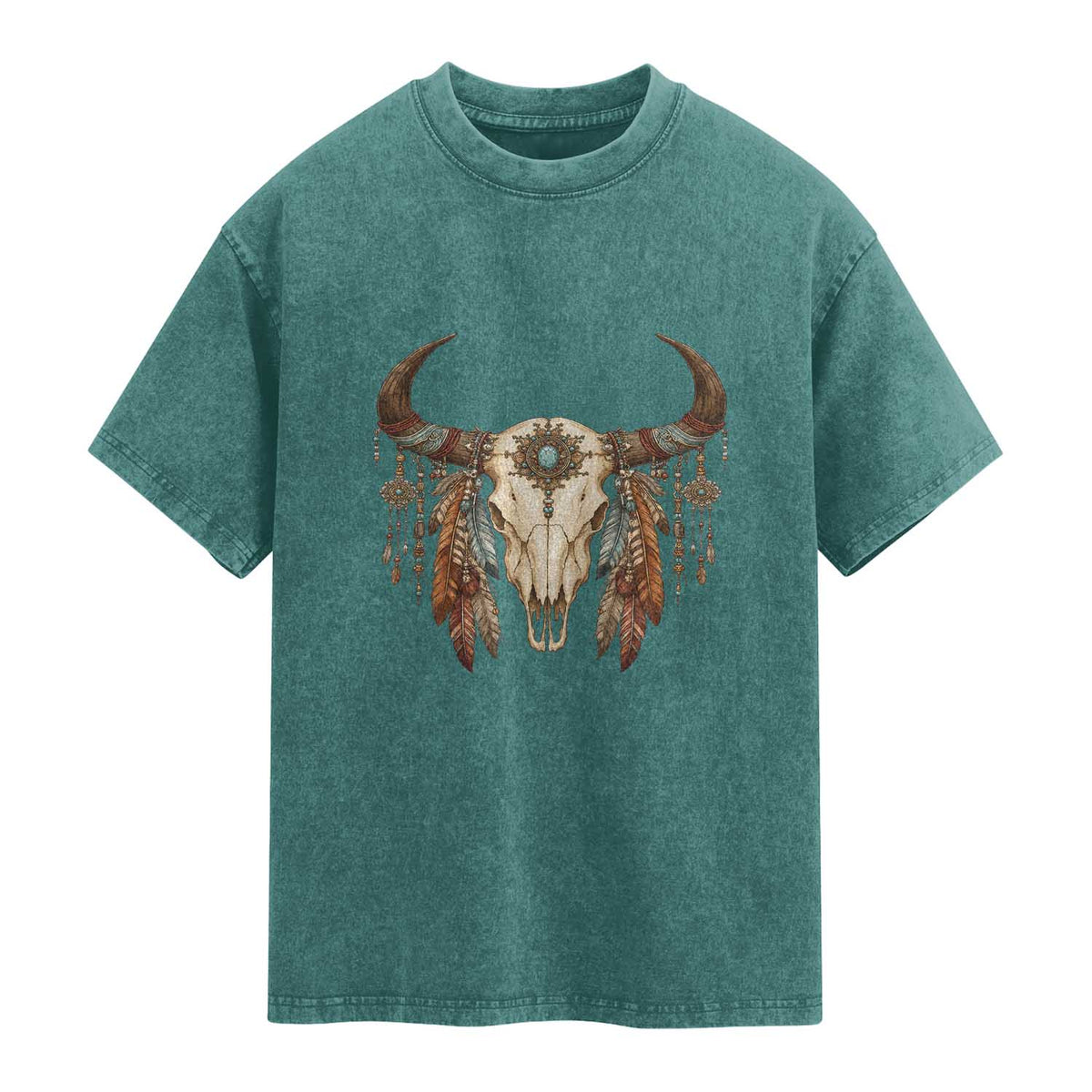 Vintage Southwestern Cow Skull Washed Cotton T-Shirt Boho Feather Western Graphic