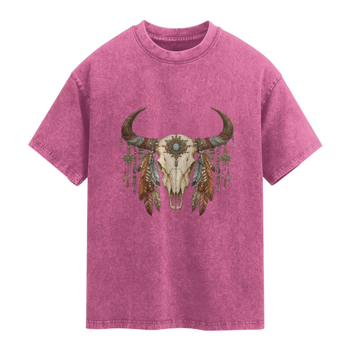 Vintage Southwestern Cow Skull Washed Cotton T-Shirt Boho Feather Western Graphic