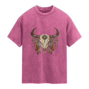 Vintage Southwestern Cow Skull Washed Cotton T-Shirt Boho Feather Western Graphic