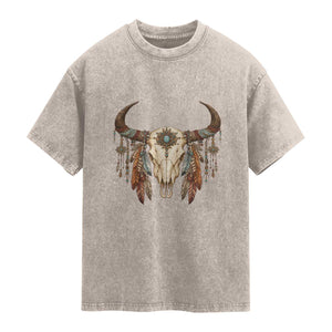 Vintage Southwestern Cow Skull Washed Cotton T-Shirt Boho Feather Western Graphic