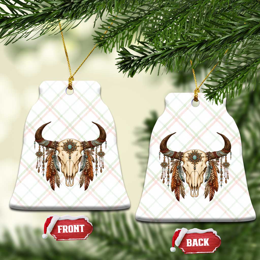 Vintage Southwestern Cow Skull Ceramic Ornament Boho Feather Western Graphic TS12 Print Your Wear