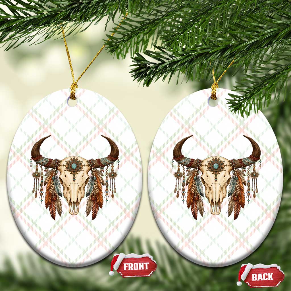 Vintage Southwestern Cow Skull Ceramic Ornament Boho Feather Western Graphic TS12 Print Your Wear