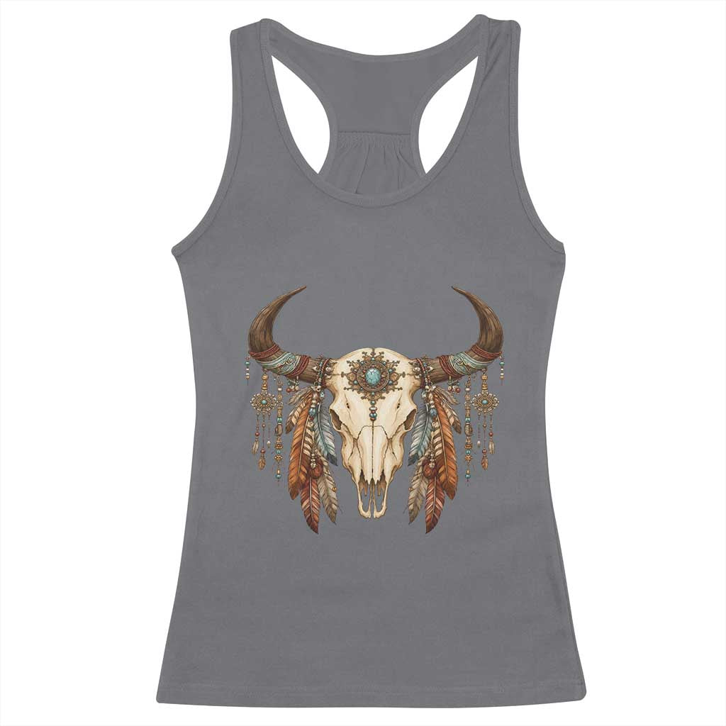 Vintage Southwestern Cow Skull Racerback Tank Top Boho Feather Western Graphic TS12 Charcoal Print Your Wear