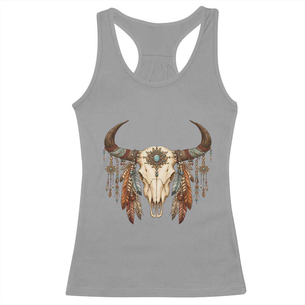 Vintage Southwestern Cow Skull Racerback Tank Top Boho Feather Western Graphic TS12 Sport Gray Print Your Wear