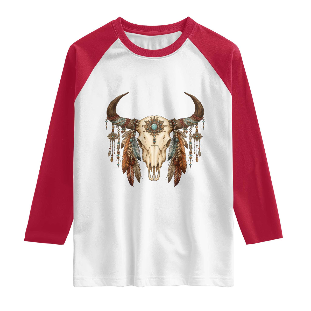 Vintage Southwestern Cow Skull Raglan Shirt Boho Feather Western Graphic TS12 White Red Print Your Wear