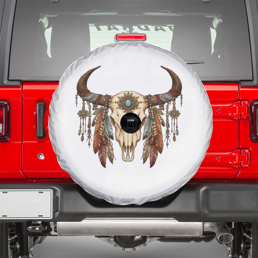 Vintage Southwestern Cow Skull Spare Tire Cover Boho Feather Western Graphic TS12 White Print Your Wear