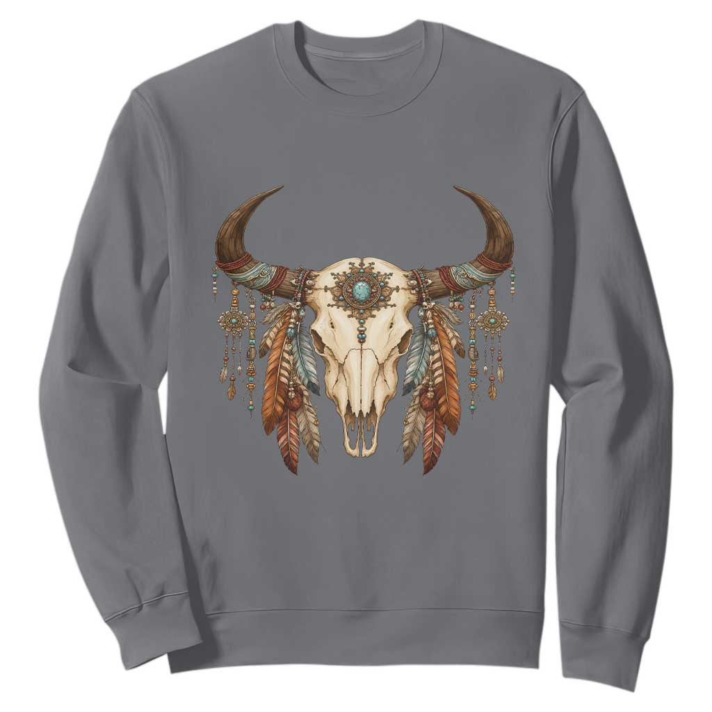 Vintage Southwestern Cow Skull Sweatshirt Boho Feather Western Graphic TS12 Charcoal Print Your Wear