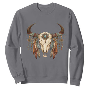 Vintage Southwestern Cow Skull Sweatshirt Boho Feather Western Graphic TS12 Charcoal Print Your Wear
